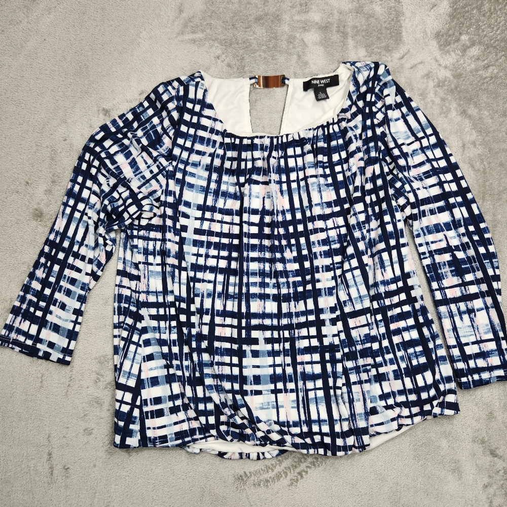 Nine West Jeans Blue Plaid Gathered Hem Top 3/4 Sleeve Size Large EUC
